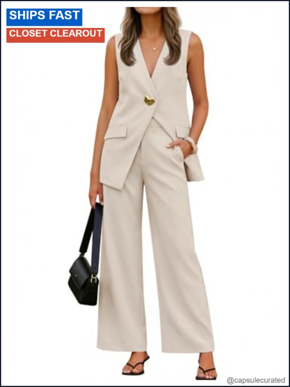 Sleeveless V-Neck Top & Wide-Leg Pant Suit Set Lightweight Sleeveless